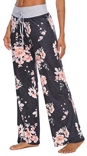 LOCUBE Women’s Casual Floral Print Wide Leg Palazzo Lounge Pants Drawstring Long Pajama Pants Trousers (Black, XX-Large)