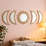 Cpcdaosk 5 Pieces Moon Phase Mirror Wall-Mounted Wall Decor Mirrors Natural Wooden Sunburst Bohemian Wall Art for Home Living Room Bedroom Decoration (Natural)