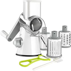 Ourokhome Rotary Cheese Grater Hand Crank, Kitchen Shredder Speed Mandolin Slicer Nuts Grinder with Handle and Drum Blades for Cheese, Vegetable, Walnuts, Chocolate, Potato, Carrot, 3 Blades, White