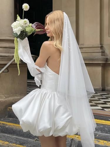 Image of Simple Tulle Short Wedding Dresses for Bride Elegant Spaghetti Straps Tea Length Bridal Shower Dress for Women