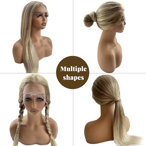 Image of Belaved Ombre Blonde Lace Front Wig, Human Hair, 13x4 Highlights Ash Brown to Blonde, 150% Density Straight 30 Inch HD Lace Frontal Wig for Women, Pre-Plucked With Baby Hair