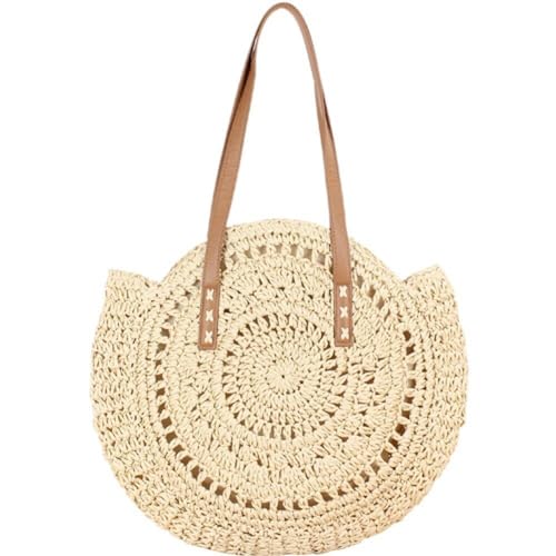 Muteitt Bolsos De Paja para Mujer, Bolsos Redondos Tejidos a Mano, Bolsos De Paja Natural Chic, Bolso Grande De Hombro para Playa De Verano, Bolso Cruzado Bohemio