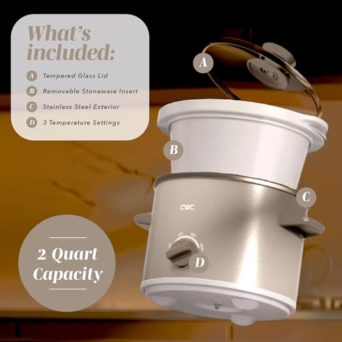 Image of COOK WITH COLOR 2QT Mini Electric Round Slow Cooker - Adjustable Settings, Removable Stoneware Pot, Tempered Glass Lid, Dishwasher Safe, Cool-Touch Side Handles, Sand