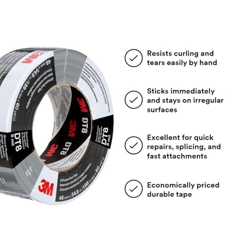 Image of 3M All Purpose Duct Tape DT8 6 Rolls, 1.88 in x 59.93 yd (48 mm x 54.8 m), Silver, General Use Indoor Duct Tape for HVAC, Construction, Sealing, Bundling, Repair and Maintenance Projects