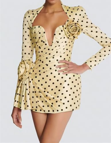 Women Polka Dot Print Spliced Appliques Dresses V Neck Long Sleeve High Waist Bodycon Dress3