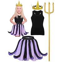 Newcotte 4 Pcs Halloween Octopus Costume Kids Octopus Skirt Sea Animal Dress Black Vest Gold Crown Fork for Girls(7-8 Years Old)