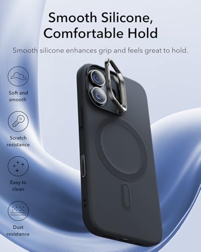 Image of ESR Silicone Case for iPhone 17, Built-in Camera Stash Stand Compatible with MagSafe, Military-Grade Drop Protection Magnetic Phone Case for iPhone 17, Cloud Series, Black