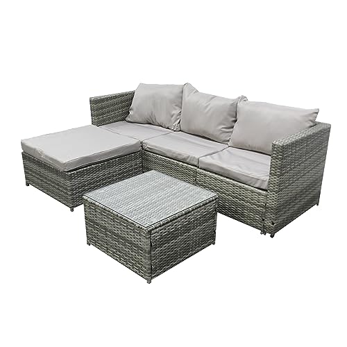 Garden Corner Sofa Rattan Furniture Set 4 Seater Patio Outdoor Lounge Settee with Glass Coffee Table...