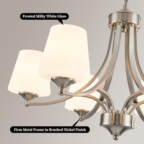 6-Light Brushed Nickel Chandeliers for Dining Room with Frosted Glass Farmhouse Silver Ceiling Hanging Lighting Fixtures Classic Pendant Lamp for Living Room,Dining Table,47.2 Height Adjustable by BERHZIMD - Image 3