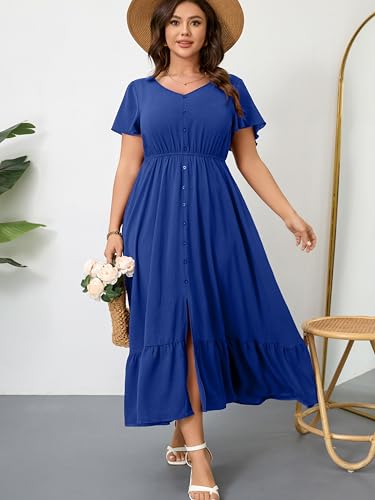 Image of RWJ Women Plus Size Maxi Dress V Neck Short Sleeve Button Trim Split Flowy Tiered Casual Long Dresses 2025 L-3XL