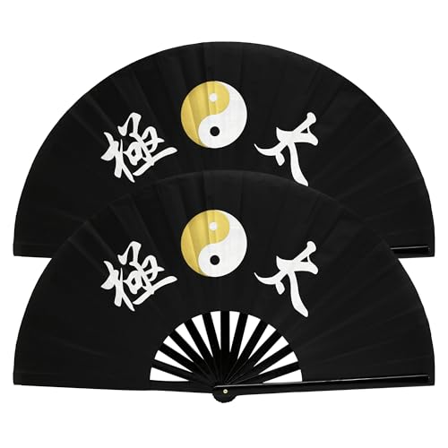 ZooBoo 2PCS Chinese Taichi Kungfu Fan Bamboo Martial Arts Sports Fighting Hand Fan 13inch (Taiji Black)