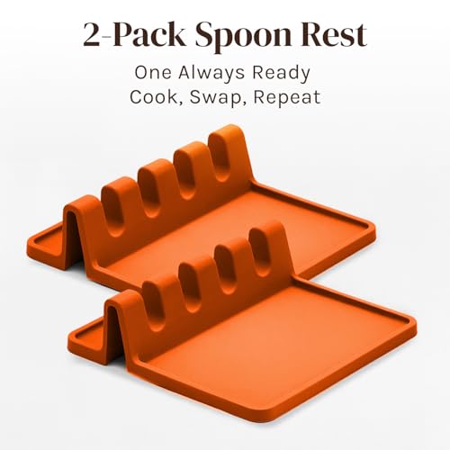 Image of Orange Silicone Spoon Rest for Stove Top with Drip Pad (Two Pack) - Heat Resistant BPA Free Utensil Rest & Spoon Holder for Kitchen Counter - Grill Utensil Chopstick Holder - Spatula Holder