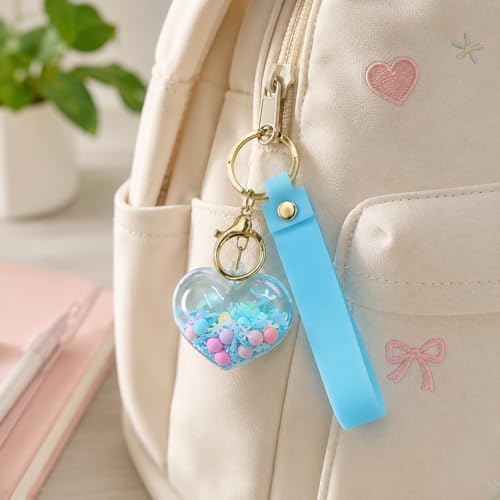 Image of Wanna Party Heart Shaped Beads Keychain with Blue Wrist Strap, Cute Bag Charm Key Ring for Girls, Backpack Accessories, Birthday Return Gifts, Party Favors, School Bag Decoration - 1PC
