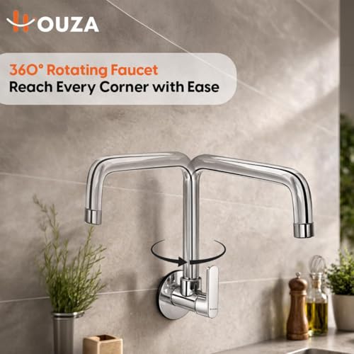 Image of HOUZA Brass Kitchen Sink Tap Faucet | Kitchen Tap with 360 Degree Flexible Swivel Spout | Water Saving Aerated Flow Kitchen Faucet for Sink (Chrome Finish, Silver)
