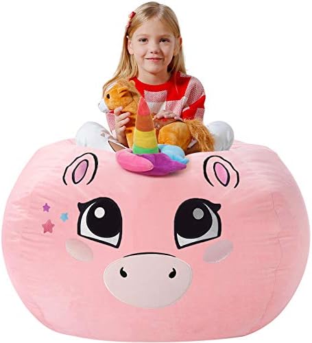 Aubliss Unicorn Stuffed Animal Storage, Velvet Bean Bag Chairs Cover, X-Large 38" Ultra Soft Kids Toy Storage Organizer for Blankets Towels Clothes, Pink Big Eyes