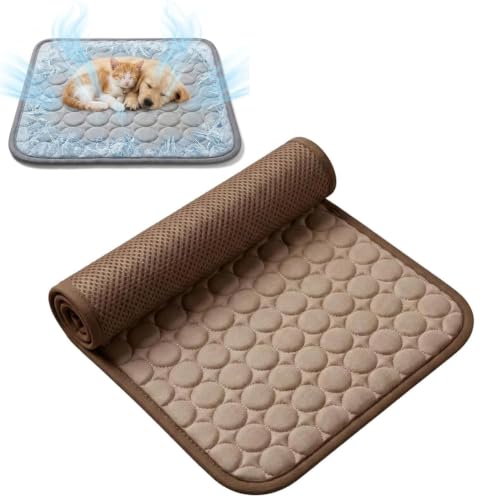 Cat Cooling Mat for Summer, Ice Silk Self Cooling Mat for Dogs & Cats Portable & Washable Ice Silk Cooling Mat (Brown,XS)