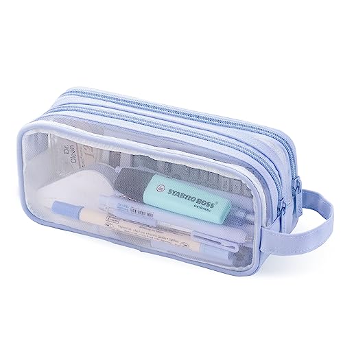 Image of Oyachic 2 Compartment Pencil Case Clear Mesh Pen Pouch Grid Makeup Cosmetics Bag Transparent Marker Organizer Office Business Travel Adults,blue