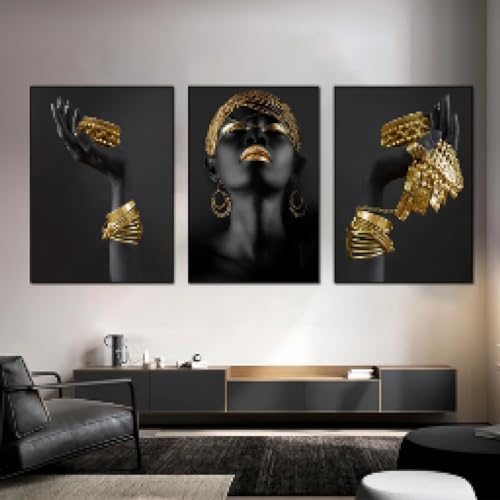 Toile femmes africaines pour salon chic décor scandinave triptyque haut de gamme or et argent