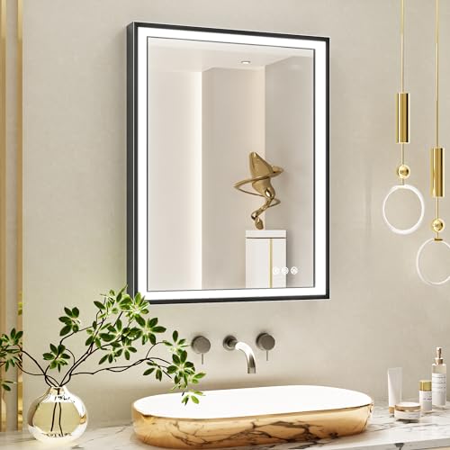 TokeShimi 24 x 32 Inch LED Black Bathroom Vanity Mirror with Lights with 45° Angled Beveled Light, 3 Colors, Anti-Fog,Aluminum Alloy Matte Frame, Memory Funtion Stepless Dimmable for Modern Decor