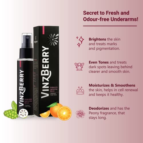 Image of VinzBerry Underarms Lightening Serum with Vitamin C and Deobiome Noni | Brightening Serum Spray for Dark Spot Removal and Skin Lightening | Body Self Care Product for Women & Men - 100ml (Pack of 1)