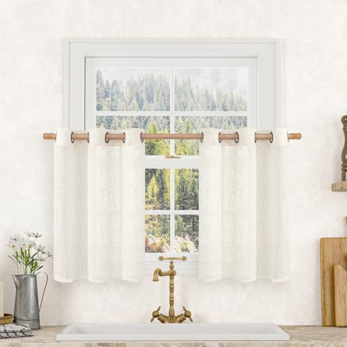Image of LAMIT Cream Linen Curtains 36 Inch for Windows, Soft Thick Linen Textured Light Filtering Drapes Bronze Grommet Boho Neutral Panels for Basement /Bathroom /Kitchen, 2 Panels, 34 x 36 Inch