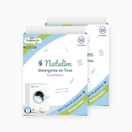 Natulim - Detergente en Tiras para Lavadora (100 Lavados) - Incluye efecto Suavizante, Ecológico, Hipoalergénico, Made in Spain - Ropa limpia y suave sin ensuciar el Planeta (Sin Fragancia) - 2 Pack