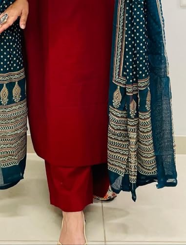 Image of BHARVITA Women's Cotton Embroidered Anarkali Kurta and Palazzo with Dupatta Set | A-line fit