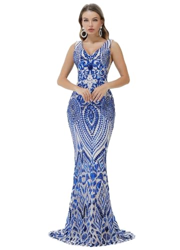 Image of Women's Wedding Bridesmaid Gown Sequined Mermaid V Neck Sleeveless Evening Dress