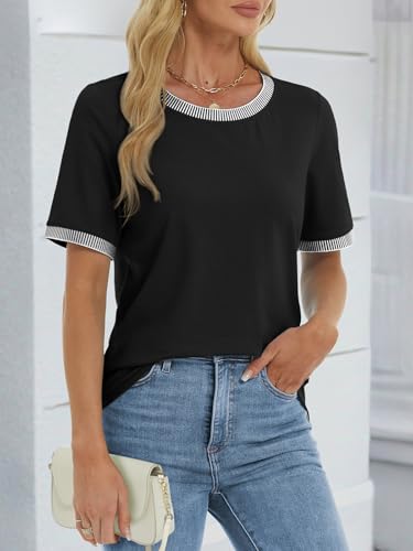 ATHMILE Womens Short Sleeve Tops Striped Color Block T Shirts Summer Crewneck Loose Casual Tee 20254