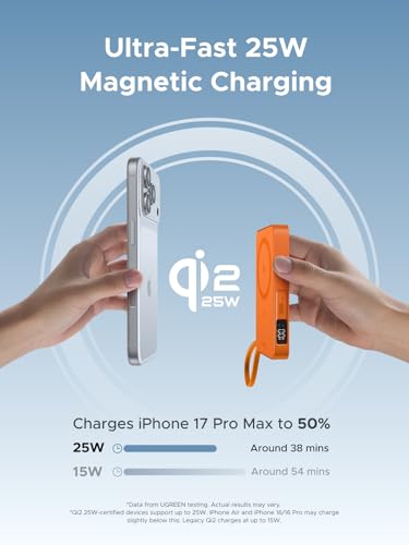 Image of UGREEN MagFlow 10,000mAh Power Bank, Qi2 25W Certified Wireless Charging, Magnetic Portable Charger for MagSafe with Built-in Cable, 30W USB-C Battery Pack for iPhone 17 Pro Max /16 /15 /14 /13 /12, Orange