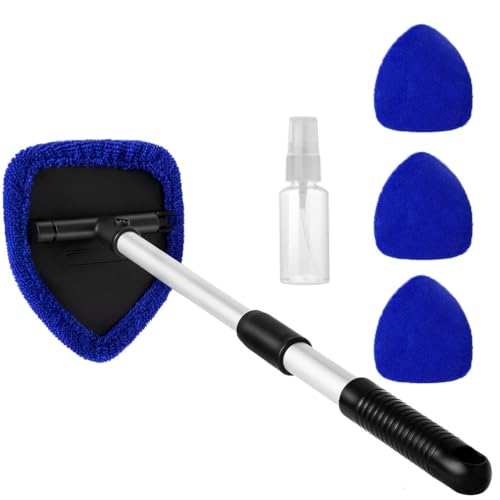Car Windscreen Cleaner Car Window Cleaner with Extendable Long Handle and 4 Washable Reusable Microfiber Pads Windshield Cleaning Tool Auto Interior Exterior Glass Wiper Kit Office Home (Blue)