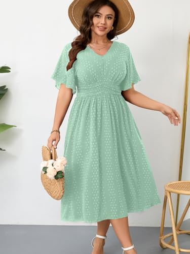 Image of RWJ Women's Plus Size Maxi Dress V Neck Short Sleeve Swiss Dot A Line High Waist Boho Swing Casual Summer Dresses