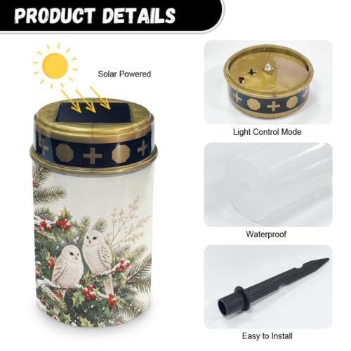 Image of 2 Pack Christmas Solar Memorial Lights for Graves | Holly berry owl, Xmas solar powered grave lights, waterproof led flameless candle for prayer grave lights for cemetery decor