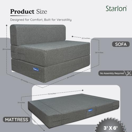 Image of Starlon 1 Seater Foldable Sofa Cum Bed 3-in-1 with Washable Jute Fabric Cover, Space Saving Guest Bed for Living Room & Apartment, Pre-Assembled Ash Gray 3x6 Ft