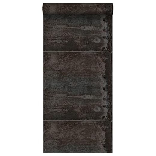papel pintado grandes placas de metal oxidadas, alteradas y resistidas con remaches negro y perla brillante - 337227 - de Origin - luxury wallcoverings