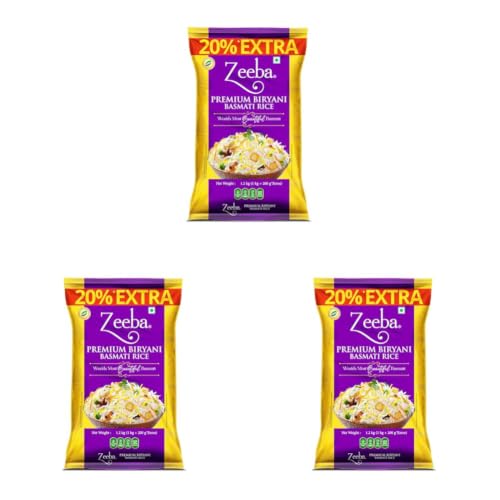 Image of Zeeba Premium Biryani Rice 1.2 Kg, Chef's Choice, Restaurant Style, Extra Long Grains (Cooked length upto 26mm*) (Pack of 3)