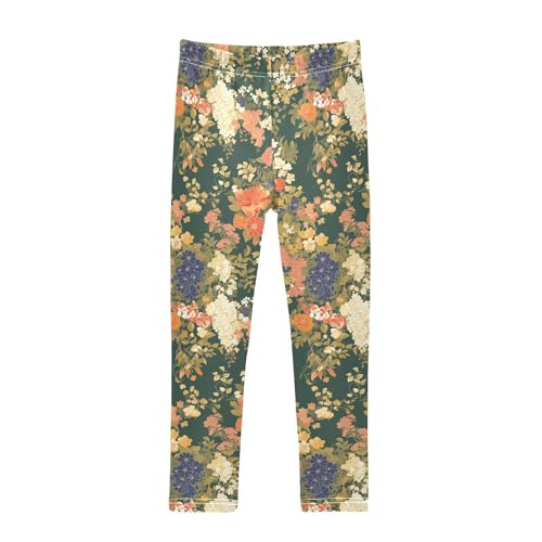KLL Colourful Small Liberty Blooming on Green Background Girls Athletic Leggings Comfortable Full Length Dance Pants