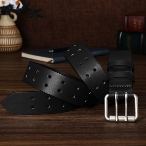 Image of XZQTIVE Men's Double Prong Leather Casual Jeans Belt, Heavy Duty Double Pin Buckle Belt for Work, Business and Daily Wear