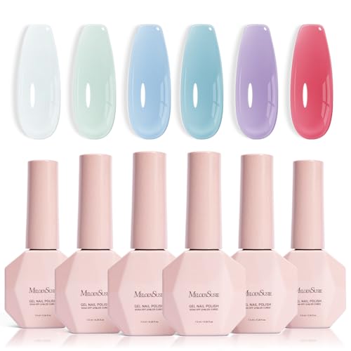 Image of MelodySusie Jelly Gel Nail Polish Set,6 Transparent Colors,Jelly Texture,Pastel Sea Breeze Colors Soak Off UV LED Light Cure or Salon Manicure and Nail Art DIY at Home