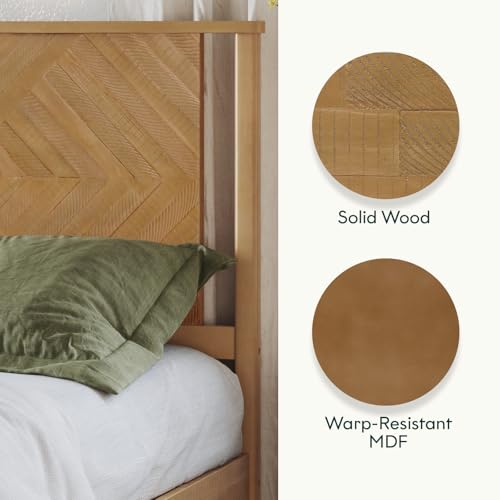 Image of Bme Ethan King Size Bed Frame with Diamond Headboard, Rustic Mid Modern, Solid Acacia Wood, No Box Spring Needed, Slat Support, Rustic Seadrift