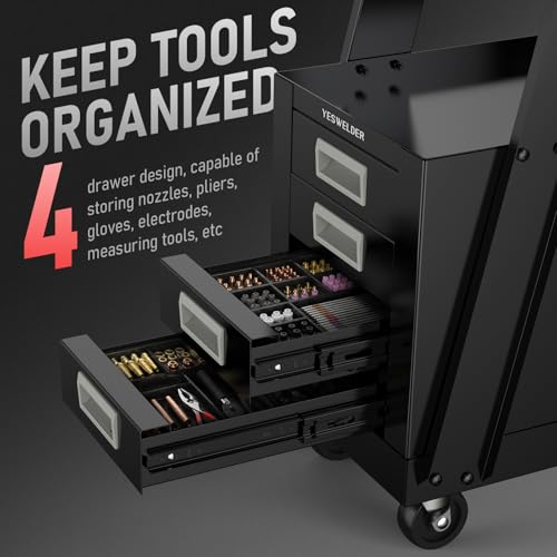 Image of YESWELDER 2-Tier Welding Cart with 4 Drawers, Heavy Duty Large Storage Welding Trolley with 360 Rolling & Safety Chains for MIG TIG Welder and Plasma Cutter