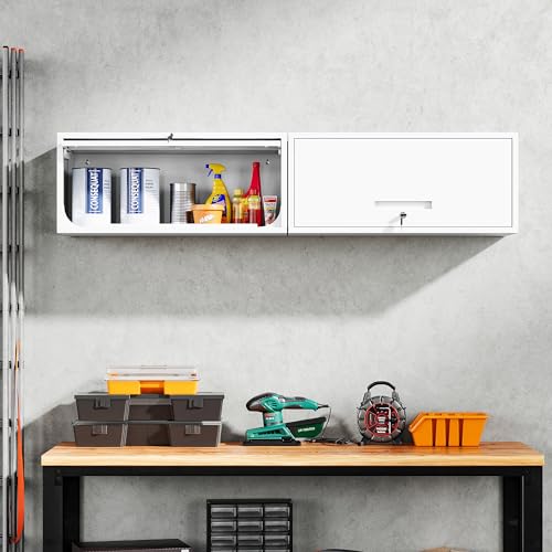 Image of Yizosh Metal Wall Cabinet with Doors, Wall Mounted Storage Cabinet - Floating Tool Cabinet for Kitchen, Basement, Warehouse (White, 13.7 inch H)