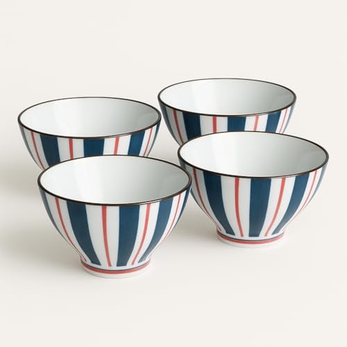 Image of YELONA Japanese Style Ceramic Bowls - 4.8 Inch (300ml), Set of 4 - Striped Design Rice /Noodle Bowls - Microwave & Dishwasher Safe, Ideal for Gifting Choice