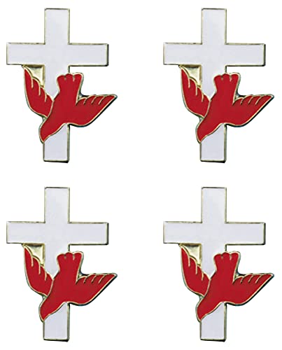 Image of Holy Spirit Pin - 4 Gold Plated Cross Red Dove Holy Spirit Lapel Pin - 0.5 Inch Catholic Cross Pins Bulk Set of 4 Items