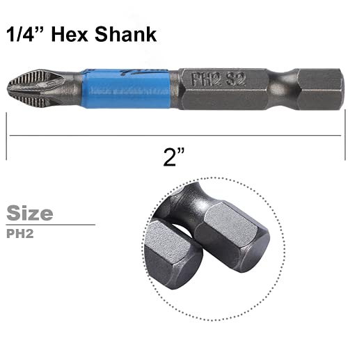 Vesttio Anti Slip Phillips Cross Slot Ph2 #2 Short Screwdriver Bit Set 10Pcs 1/4 Inch Hex Shank 2 Inch/50 Mm Length S2 Steel With Magnetic Tip For Power Screwdriver Drill Impact Driver Tool Accessory #TOP1