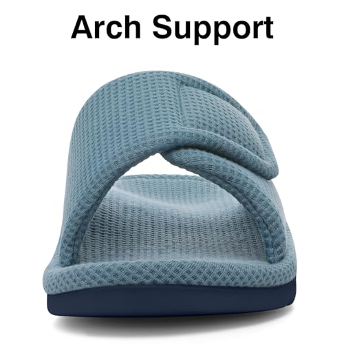 Image of shevalues Summer House Slippers for Women with Arch Support Breathable Waffle Cotton Indoor Slippers Slip on Open Toe Home Shoes