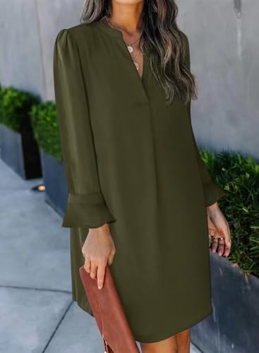 Image of Wkior Womens Fall Ruffle Long Sleeve V Neck Shift Dresses (S-XXL) | Casual Loose Design, Breathable Fabric, Fall Lightweight Clothes,Vacation Travel Outfit, Essential Fashion Dress