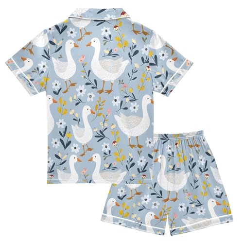ALAZA Duck Leaf Blossom Flower Satin Pajamas Set Short Sleeve Button Down Sleepwear Summer Pjs 2 Piece2