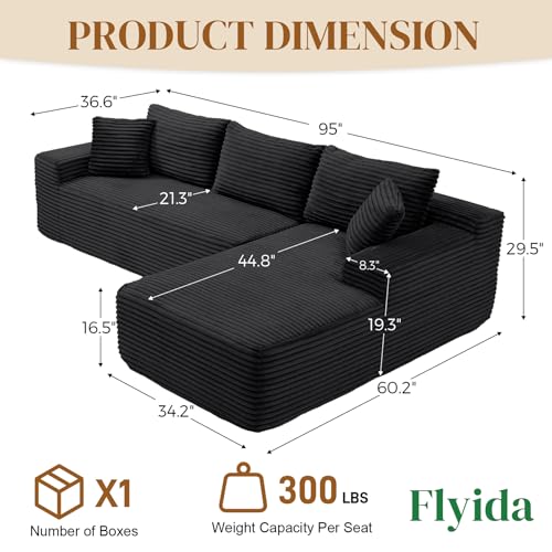Image of 95 inch Boneless Cloud Sectional Couches for Living Room, Comfy Fluffy L Shaped Deep Seat Memory Foam Boneless Couch, Modular Sectional Sofas with Right Facing Chaise, Black