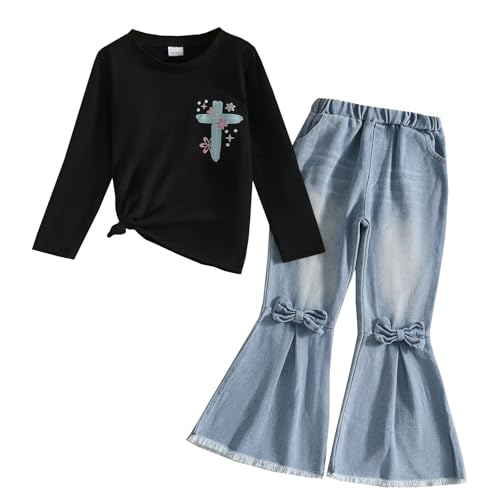 Image of Toddler Girl Clothes Long Sleeve Cartoon & Letter Graphic Top + Fruit Stationery Print Flared Leg Pants